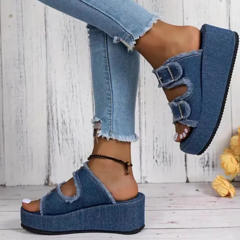 Talia™ | Jeans Plateau Sandaler med Franskant – Trendig, Bekväm & Stilren
